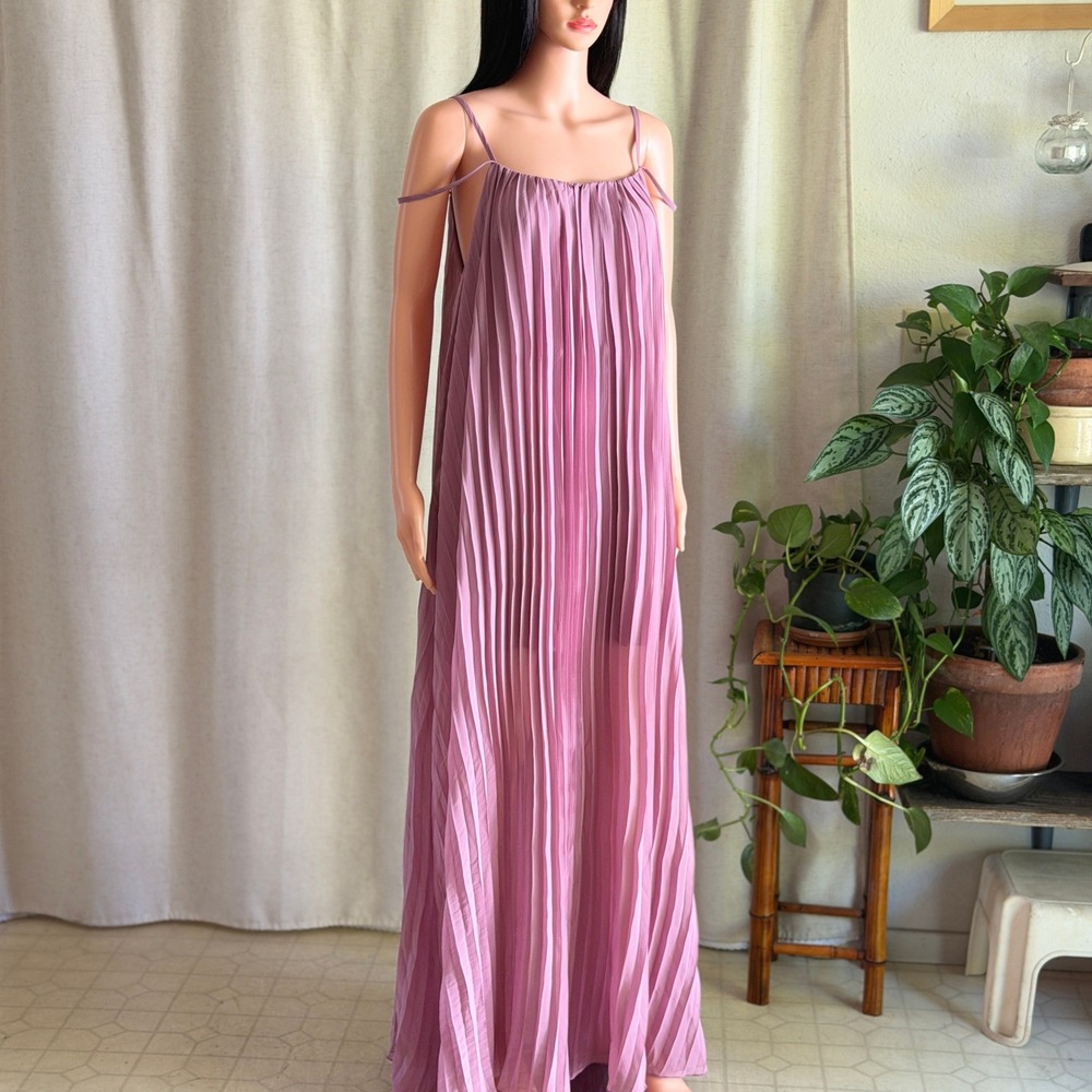 NWT Aakaa Mauve Pleated Maxi Dress Spaghetti Strap Accordion Gown Grecian Boho S